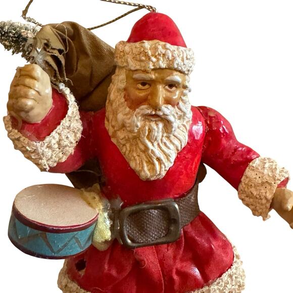 Vintage Paper Mache Santa Claus Figure Trim Jolly Old St Nick Holding A Drum - Picture 2 of 8